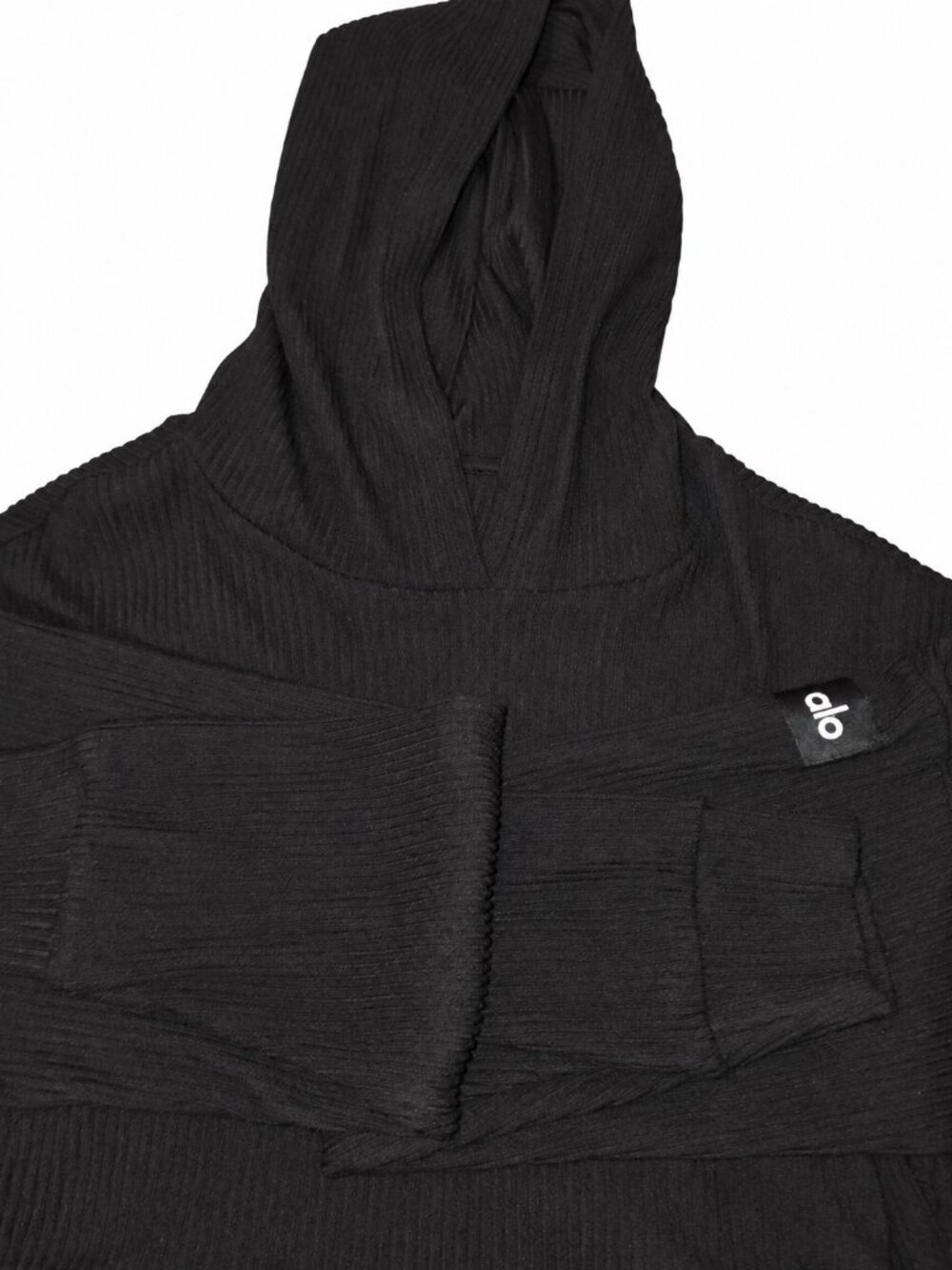 ALO Yoga Black Ribbed Hooded Crop Top Jogger Pants Two Piece Set XXS - Picture 3 of 4
